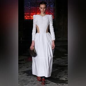 Khaite White Rosaline ruched open back crystal embellished cotton twill dress 8